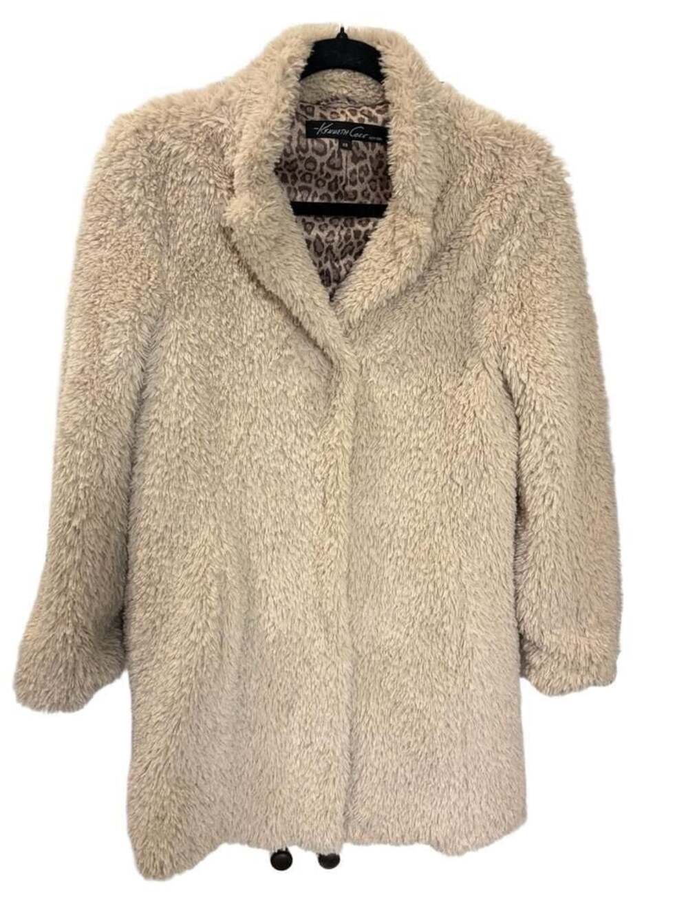 Kenneth Cole New York Women’s Ivory Faux Fur Teddy Coat Leopard Lined Jacket